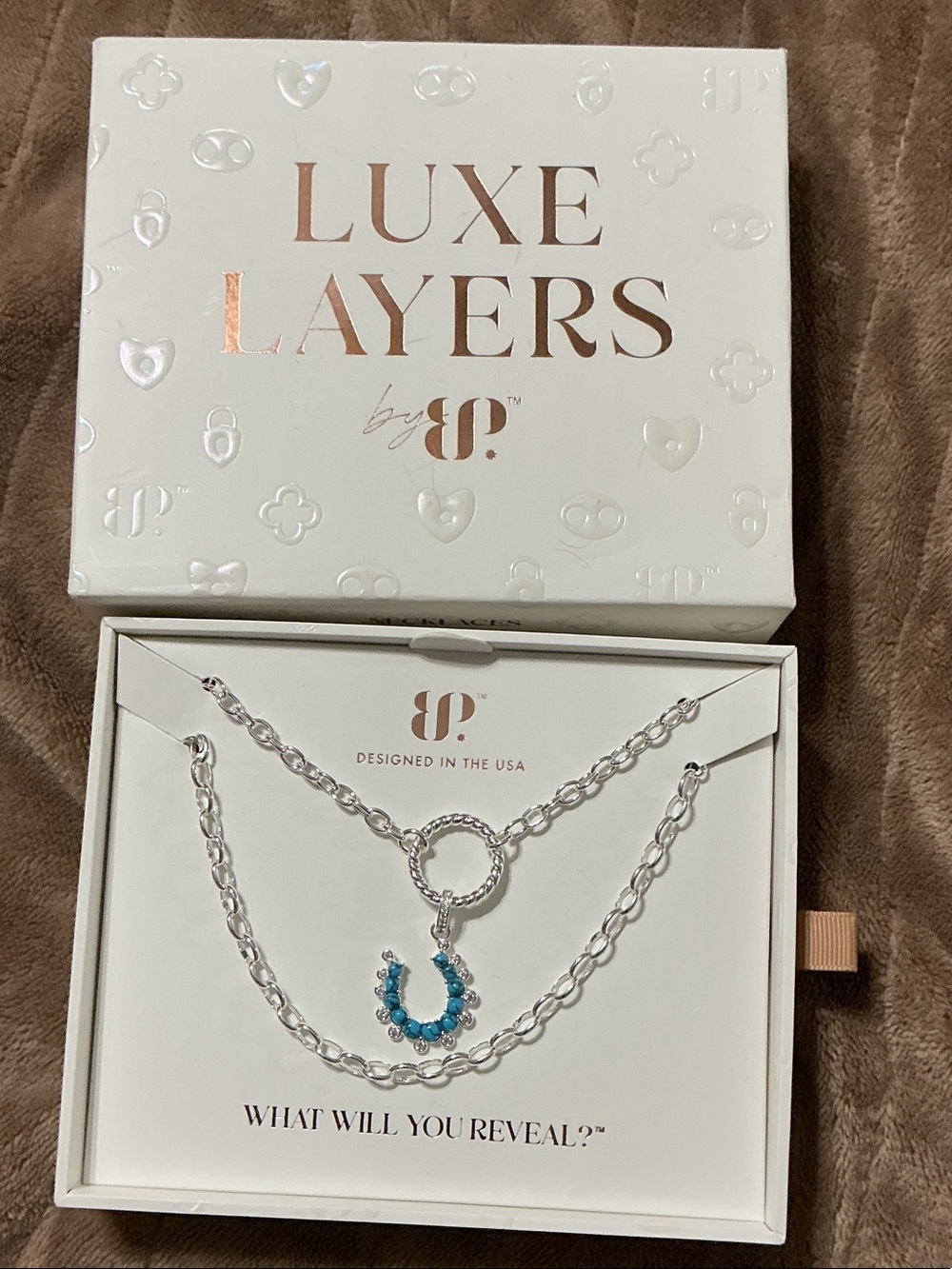 Luxe Layers Silver Necklace with Blue Crystal Horseshoe Charm